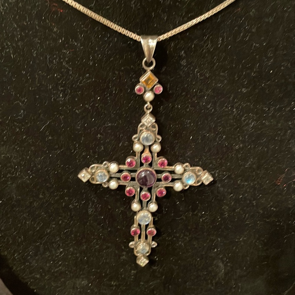 NWT  Sterling Silver 24” Box Chain Gemstone Embellished Cross